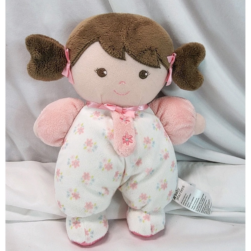 Baby Starter Olivia Rattle 1st Doll Flower Pink Plush Brown Hair Pigtails